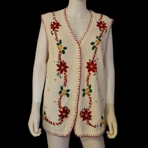 VTG BP DESIGN Poinsetta Embroidered Ugly Christmas Waistcoat Sweater Vest